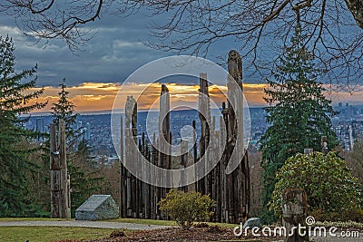 Totem poles in Burnaby Mountain Park Stock Photo