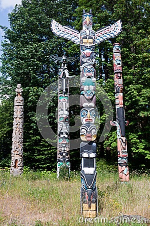 Totem Poles in Stanley Park Stock Photo