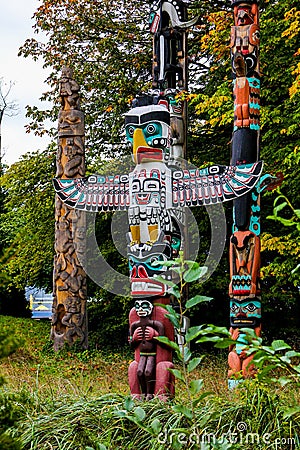 The Totem Poles, Stanley Park, Vancouver, BC. Editorial Stock Photo