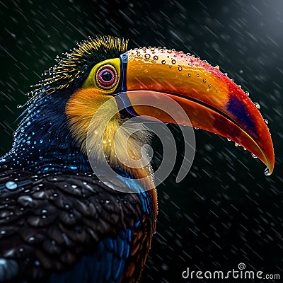 Toucan bird with colorful eyes and beak, in the rain Stock Photo