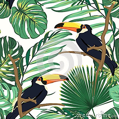 Toucan birds natural habitat in exotic tropical jungle rainforest fern greenery. Vivid bright green seamless pattern. Vector Illustration