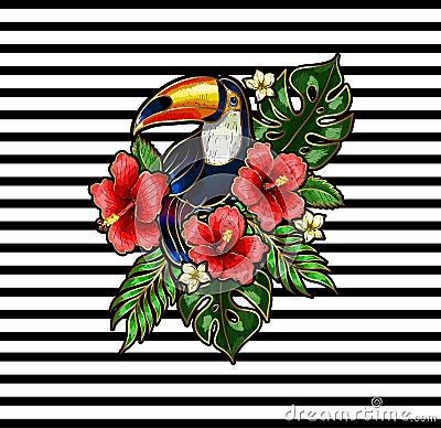 Toucan embroidery patches with tropical flowers and leaves. Vector Illustration