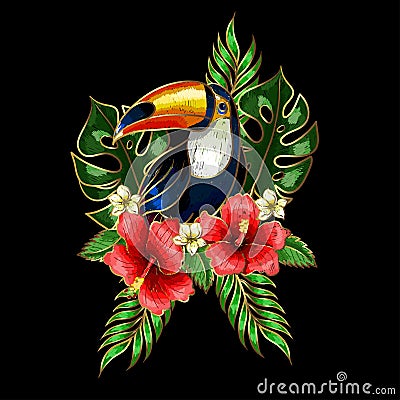 Toucan embroidery patches with tropical flowers and leaves. Vector Illustration
