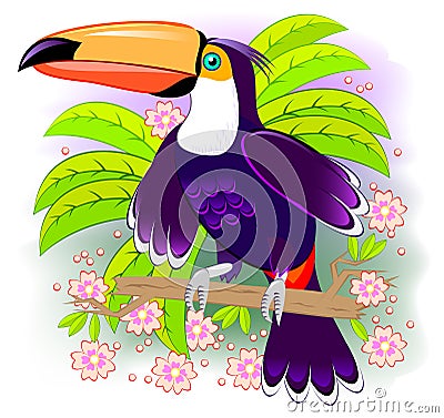 Toucan, exotic bird living the tropical rain-forest. Fantasy illustration kids. Cover for children fairy tale baby book. Vector Illustration