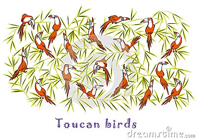Toucan, exotic birds, tropical palm leaves, beautiful vector floral pattern Vector Illustration