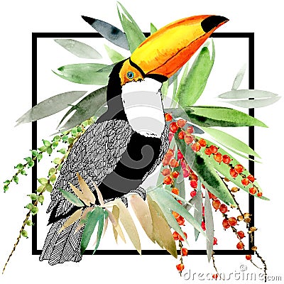 Toucan. Exotic nature background. tropical plant. Cartoon Illustration