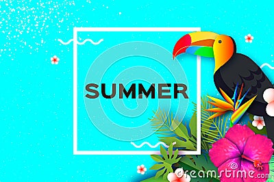 Toucan, Hibiscus Flowers and Palm Leaves. Tropical Summer. Frangipani - Plumeria in Paper cut art. Bird of paradise Vector Illustration