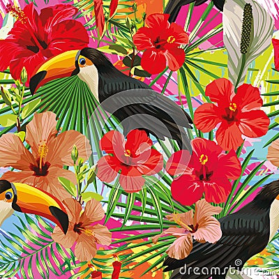 Toucan leaves and flowers seamless pattern colorful motley backg Vector Illustration