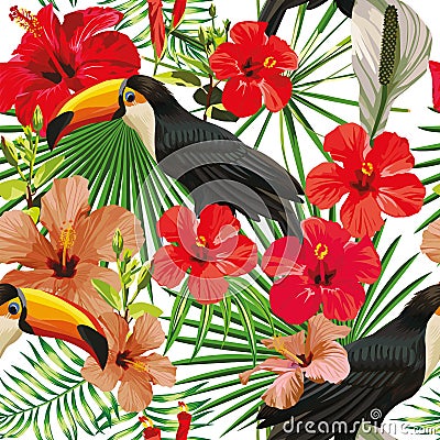 Toucan leaves and flowers seamless pattern white background Vector Illustration