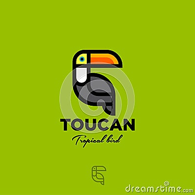 Toucan logo. Tropical bird flat emblem. Toucan icon on yellow-green background. Vector Illustration