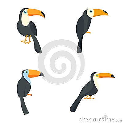 Toucan parrot bird icons set, flat style Vector Illustration