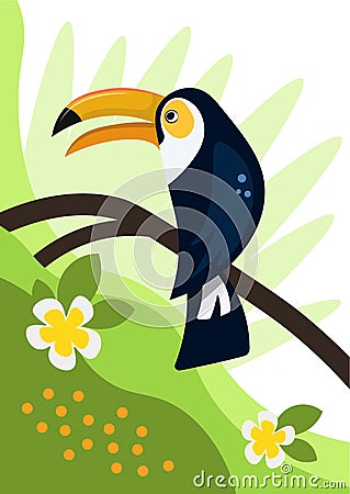 Toucan sits on a branch. Tropical bird Vector Illustration