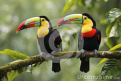 Toucan sitting on the branch in the forest, green vegetation Stock Photo