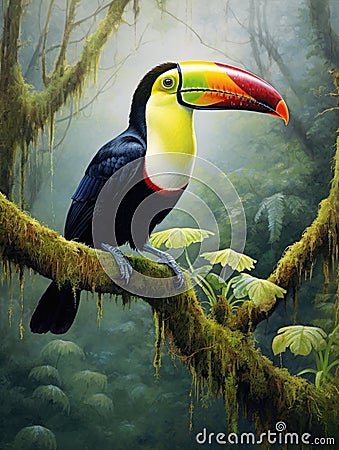 Toucan sitting on a branch in the rainforest. Generative AI Stock Photo