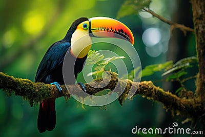 Toucan sitting on a branch in the rainforest. Generative AI Stock Photo