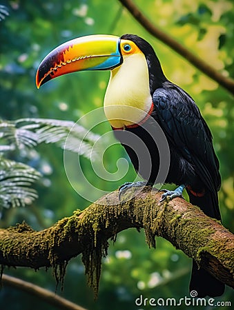 Toucan sitting on a branch in the rainforest. Generative AI Stock Photo
