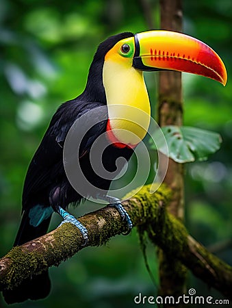 Toucan sitting on a branch in the rainforest. Generative AI Stock Photo