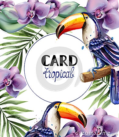 Toucan tropic card Vector watercolor. Exotic summer templates with orchid flowers decor Vector Illustration