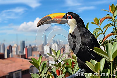 toucan on an urban rooftop garden with skyline horizon Stock Photo