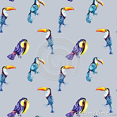 Toucans, exotic tropical birds watercolor seamless pattern on blue background Stock Photo