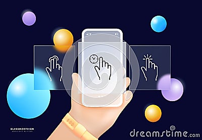 Touch control icon set. Touchscreen device such as a smartphone or tablet. Technology concept. Glassmorphism. UI phone app screens Vector Illustration