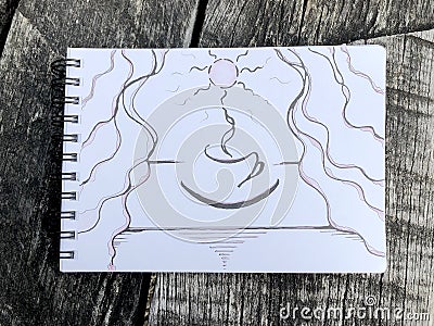 Touch for a cup of coffee. Black and white background. Cartoon Illustration