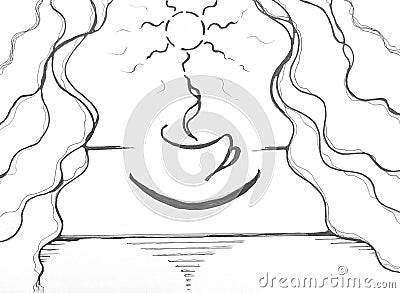 Touch for a cup of coffee. Black and white background. Cartoon Illustration