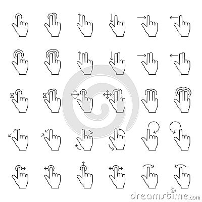 Touch hand gesture vector line icons. Touching finger gestures pictograms with swipe arrows Vector Illustration