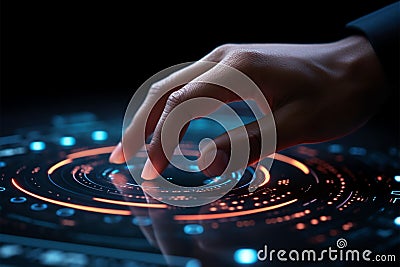 Touch of innovation Finger activates glowing button on virtual screen Stock Photo