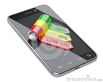 Touch phone with battery level charge diagram on the screen. Stock Photo