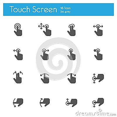 Touch Screen flat gray icons set of 16 Vector Illustration