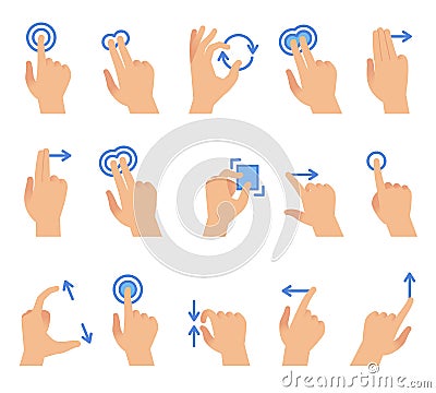 Touch screen hand gestures. Touching screen devices communication, drag using finger gesture for apps interface vector Vector Illustration