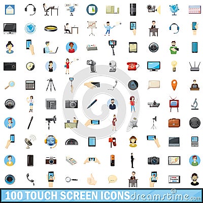 100 touch screen icons set, cartoon style Vector Illustration