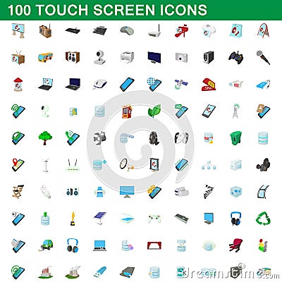 100 touch screen icons set, cartoon style Vector Illustration