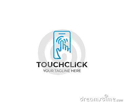 Touch screen logo template. Human hand and mobile phone vector design Vector Illustration