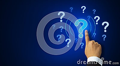 Touch screen Question mark with hand concept on blue background Stock Photo