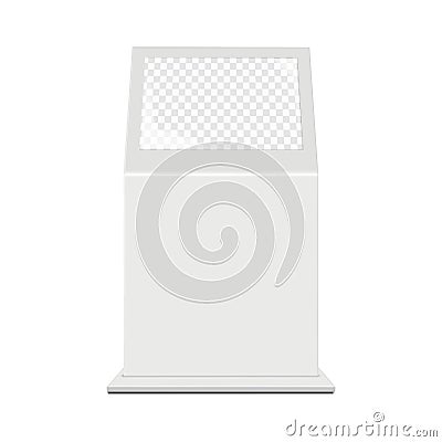 Touch screen self-service kiosk. Realistic 3d vector mockup. Blank interactive angled touchscreen retail display. Mock-up Vector Illustration