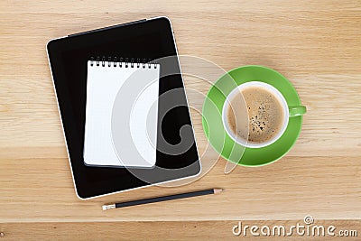 Touch screen tablet computer, notepad, pencil and cup of coffee Stock Photo