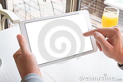 Touch tablet with right hand. Tablet with isolated screen for mockup Stock Photo