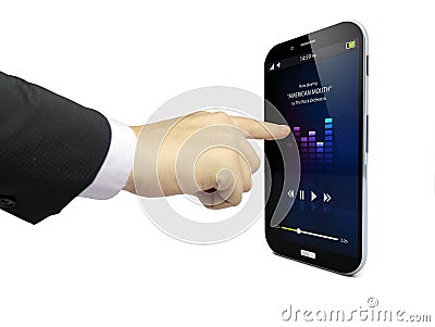 Touching a smartphone with music app on the screen Stock Photo