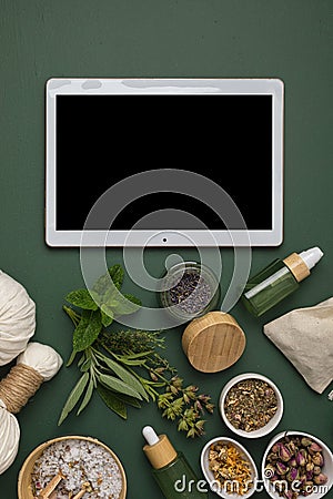 Touchpad mockup for naturopaty or phytotherapy application, workshop, course Stock Photo