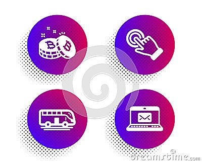 Touchscreen gesture, Bus tour and Bitcoin icons set. E-mail sign. Click hand, Transport, Cryptocurrency coin. Vector Vector Illustration