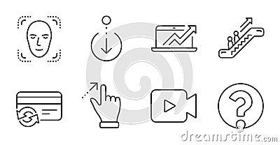 Touchscreen gesture, Change card and Video camera icons set. Sales diagram, Escalator and Face detection signs. Vector Vector Illustration