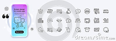 Touchscreen gesture, Lips and Smile line icons for web app. Pictogram icon. Phone mockup gradient screen. Vector Stock Photo