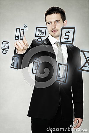 Touchscreen interface, business man in the future Stock Photo