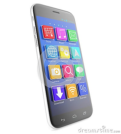 Touchscreen smartphone with applications as icons Cartoon Illustration