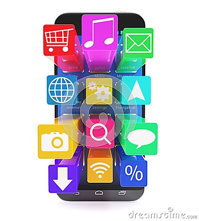 Touchscreen smartphone with applications as icons Cartoon Illustration