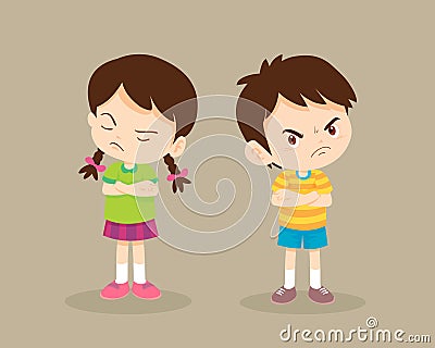 Angry upset kids standing back to back with crossed hands and looking extremely resolute Vector Illustration