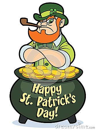 Tough leprechaun in pot of gold Vector Illustration