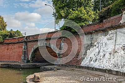 Ponts Jurneaux - View of a bas-relief between the bridges in Toulouse, France Editorial Stock Photo